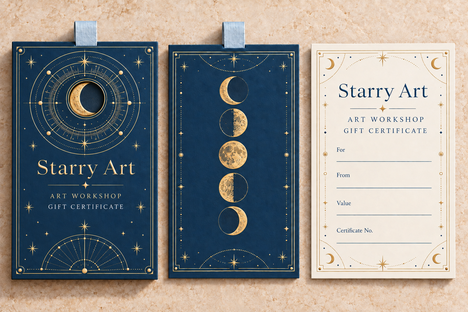 Starry Art gift certificate with a blue and gold moon envelope