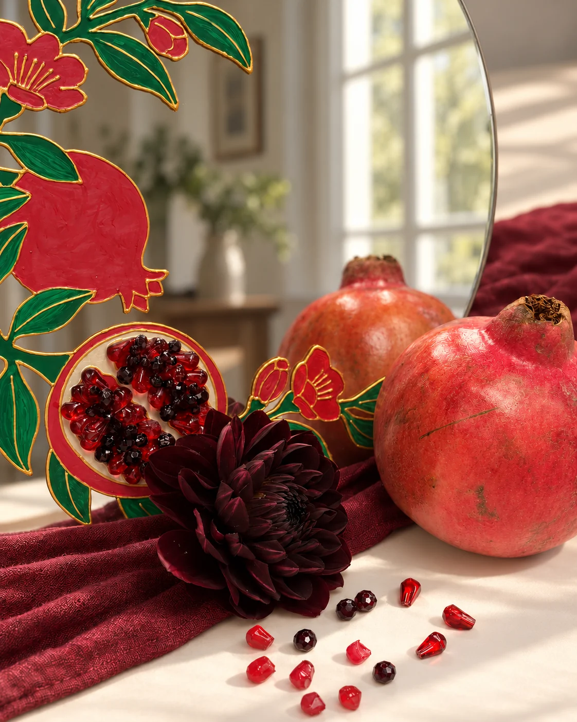 Hand-painted pomegranate mirror with raised red seeds and gold outlines